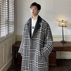 秋冬季中长款千鸟格呢料风衣男宽松西装领外套 A071-F09-P125图片