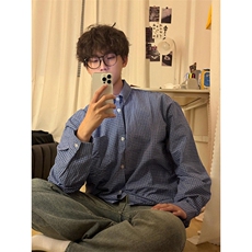 高级蓝色格子衬衫男秋美式慵懒风翻领长袖衬衣休闲宽松上衣C14p35，男装衬衫，电商D315