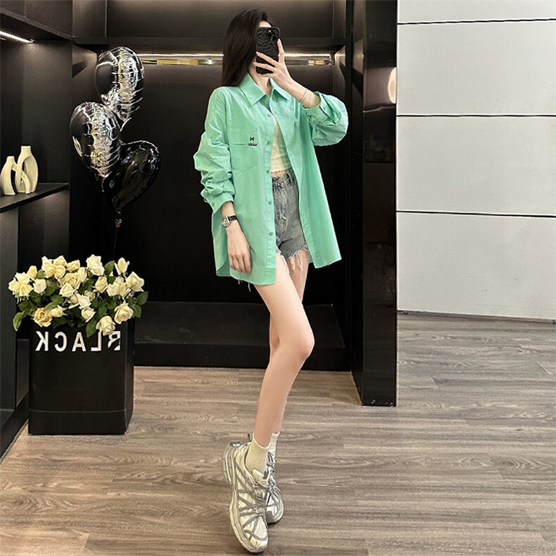 欧货时尚设计感女装春季新款单排扣翻领气质显瘦中长款纯色衬衣潮,女装衬衫,江南