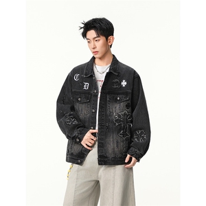 水洗牛仔外套男款春季美式痞帅上衣服宽松休闲工装夹克JK1319-P98图片