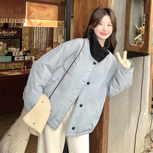 针织拼接蓝色羽绒服女冬季2025新款小个子面包服超好看减龄设计感图片