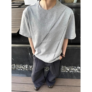 T1102-P30美式潮牌拼接解构短袖T恤男夏落肩半截袖