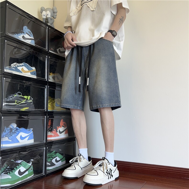 星空纹牛仔短裤男夏季美式复古高街cleanfit直筒宽松潮流五分裤子,男装牛仔裤,电商B315