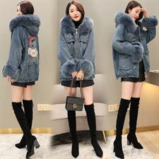 2020时尚休闲牛仔大毛领加绒冬季新款棉服外套女，女装棉衣/棉服，橙子家
