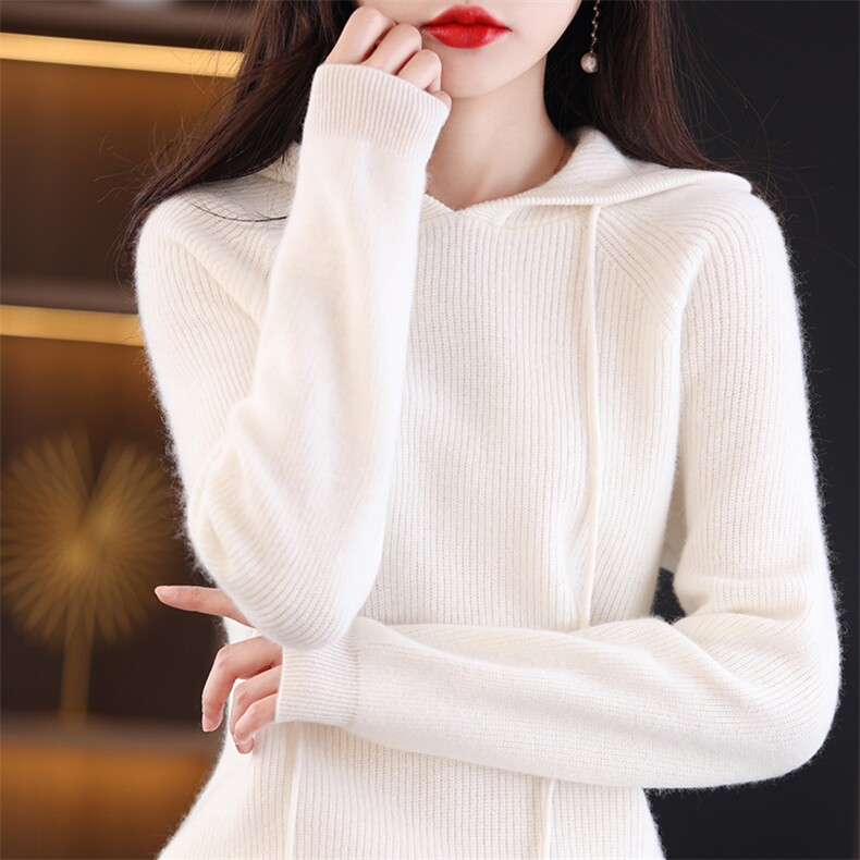 2023春秋新款羊绒连帽针织衫女卫衣宽松带帽打底衫加厚百搭毛衣,女装羊毛衫,冀清阳荣