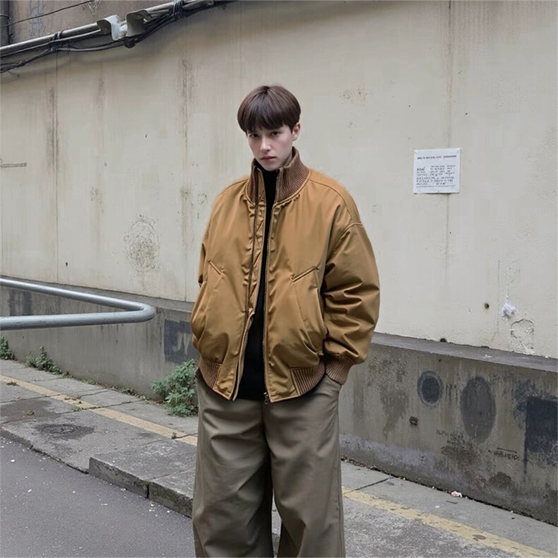 抖音得物美式潮休闲夹克春季立领纯色复古工装加厚棉服外套MF01,男装夹克,电商A443