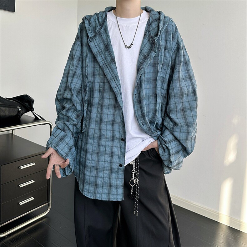 廓形防晒衬衫男夏季长袖冰丝薄款亚麻格子衬衣开衫外套CS29006P50,男装衬衫,电商B312