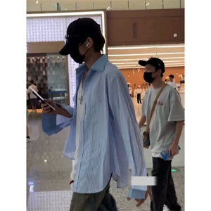 衬衫男长袖港风日系薄款宽松秋季高级条纹潮ins休闲衬衣男士外套图片
