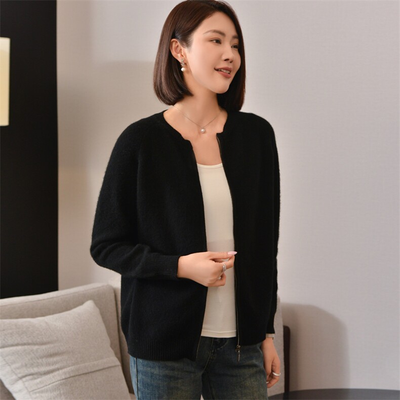 秋冬新款羊毛简约休闲拉链纯色开衫显瘦百搭女装毛衣外套,女装羊毛衫,忠诺羊绒