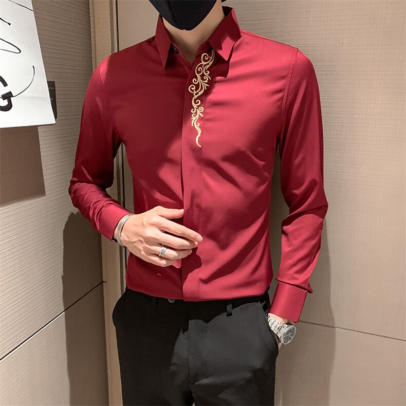 红2025春秋季新款男士刺绣长袖衬衫社会小伙衬衣301A-1/CS58/P55,男装衬衫,星座301A-1