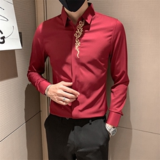 红2025春秋季新款男士刺绣长袖衬衫社会小伙衬衣301A-1/CS58/P55，男装衬衫，星座301A-1