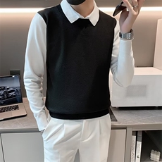 男士休闲长袖衬衫春秋季外穿针织衫修身潮翻领假两件毛衣S575，男装针织衫/毛衣，星座1116A-2（原606A-1）