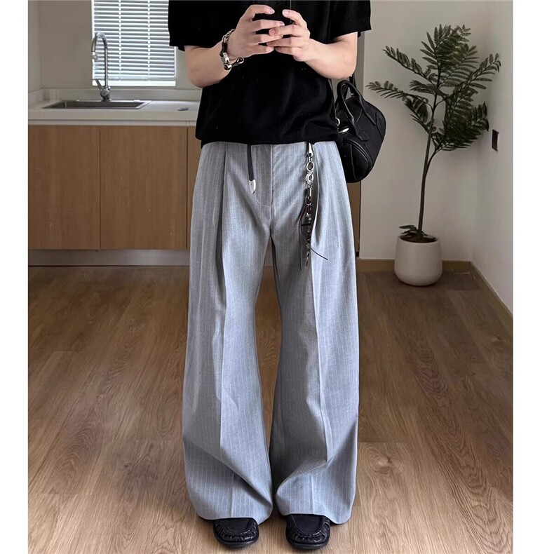 条纹西装裤男春季潮流宽松休闲直筒长裤百搭阔腿拖地裤子，男装西服套装，星座506A