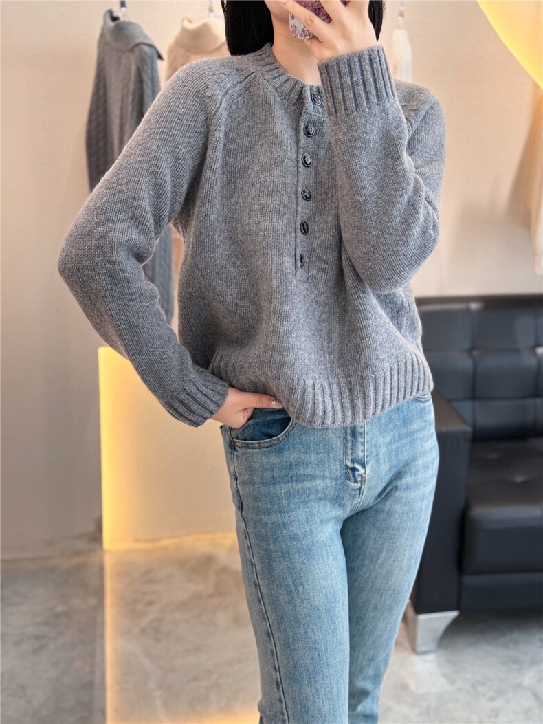 纯山羊绒圆领插肩短款带扣子宽松简约风加厚针织毛衣,女装羊绒衫,大千羊绒