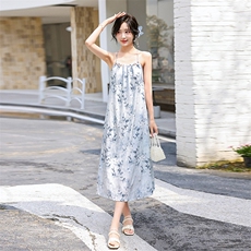 新中式扎染印花吊带连衣裙女2024夏季新款设计串珠气质中长款裙子，女装连衣裙，流量+