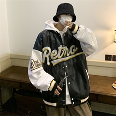 特批72控128秋款pu皮拼色男士棒球领刺绣外套机动皮夹克潮PJ222，男装夹克，电商B370