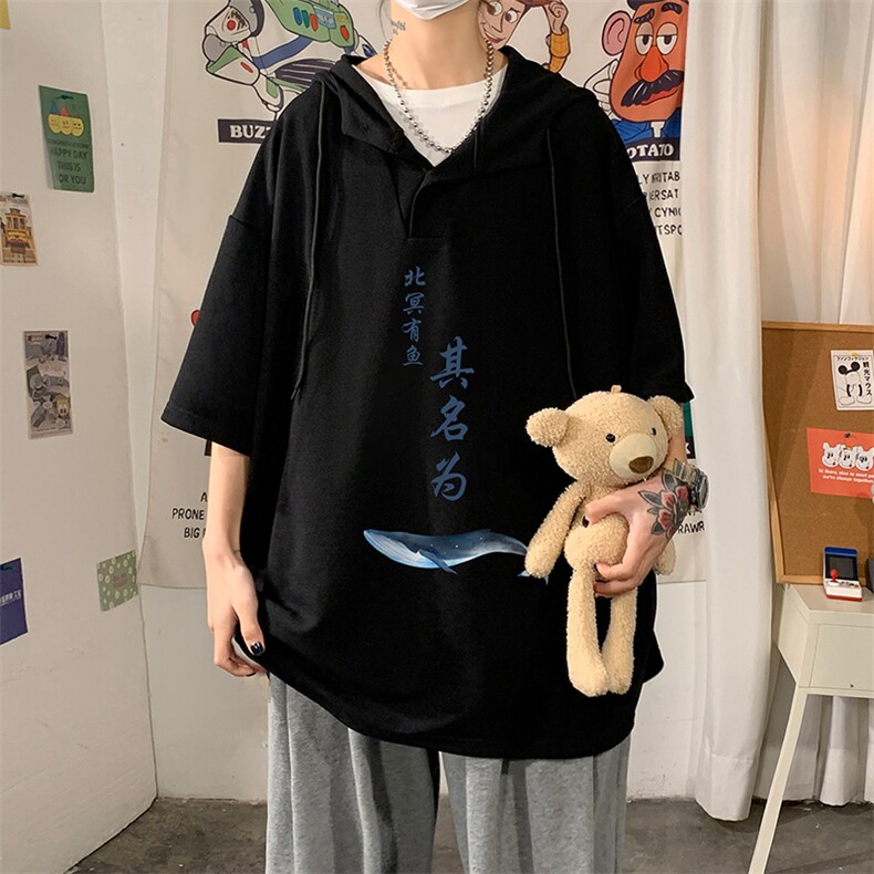 LD54261-P45 NASA连帽短袖t恤男大码胖子带帽五分袖中袖 海报风图片