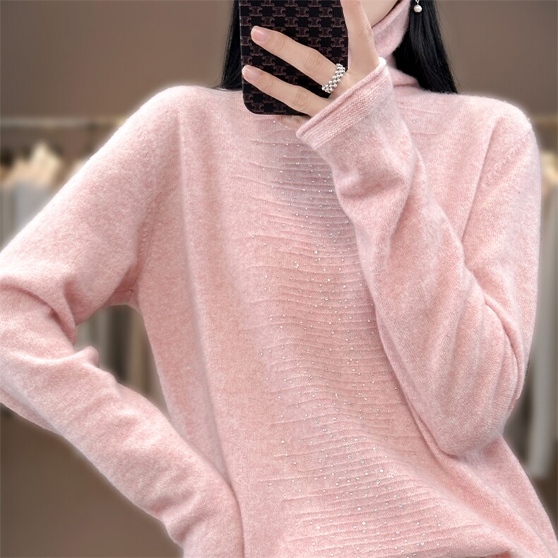 秋冬新款烫钻衫女式堆堆领套头打底毛衣宽松慵懒羊毛衫超软糯,针织衫/毛衣,唯若美羊绒