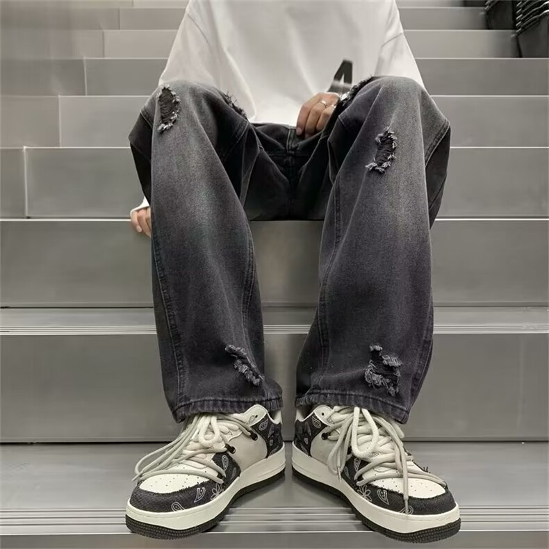 高街破洞牛仔裤正反口袋复古水洗做旧宽松直筒潮流长裤NK505-P45图片