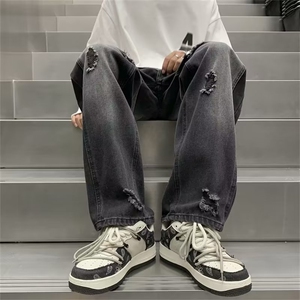 高街破洞牛仔裤正反口袋复古水洗做旧宽松直筒潮流长裤NK505-P45图片
