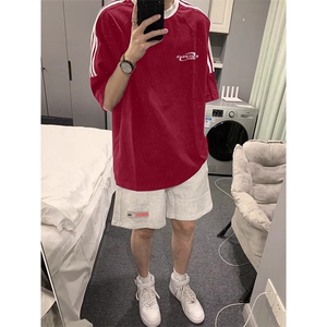 夏季美式高街重磅纯棉三条杠织带撞色男女短袖T恤ZD628-特P30