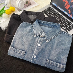 美式牛仔衬衫男短袖夏季古着衣服ins复古半袖衬衣外套W1353-P45图片
