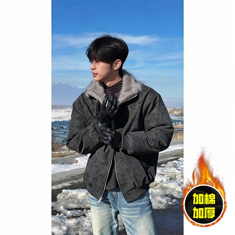 现货高品质美式高街重磅座山雕毛毛领pu皮棉衣男女加厚棉服冬外套，男装皮衣，电商A486-1