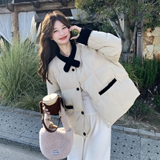 韩版撞色拼接羽绒服女短款冬季新款宽松显瘦面包服白鸭绒保暖外套，女装羽绒服，2C159