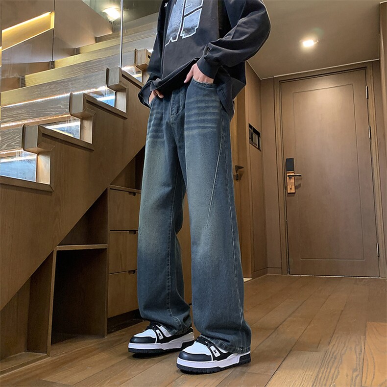 特批P45无差价2024秋美式ins高街水洗磨白猫须折皱宽松直筒牛仔裤，男装牛仔裤，星座1013-6