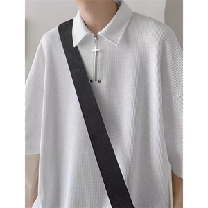 华夫格POLO衫男夏季宽松休闲纯色翻领上衣美式半拉链短袖t恤图片