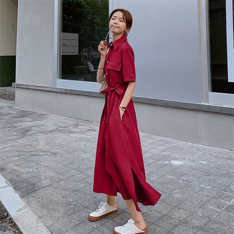 2023年夏季新款茶歇法式桔梗初恋炸街仙女森系裙子红色衬衫连衣裙,女装连衣裙,柒柒家