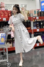 日系高端灰色亚麻衬衫连衣裙女夏2025新款学院风收腰气质工装长裙，女装连衣裙，2C372