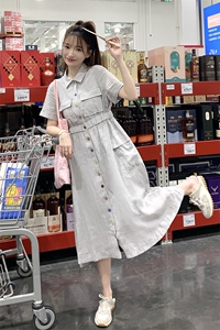 日系高端灰色亚麻衬衫连衣裙女夏2025新款学院风收腰气质工装长裙图片