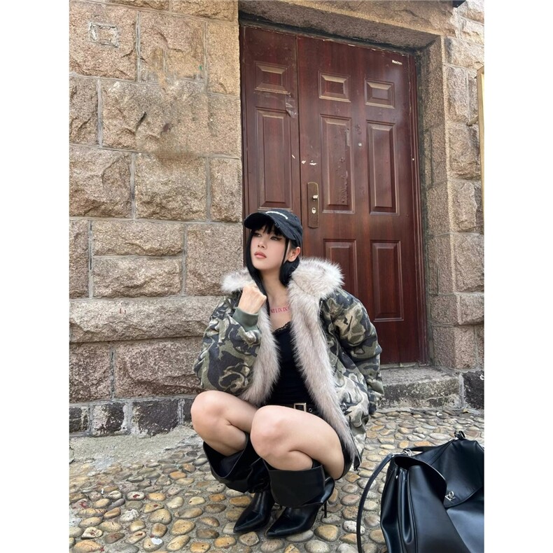 美式复古大毛领迷彩连帽棉服男女新款冬季设计感短款棉衣外套,男装棉衣,星座410-6（原星座1304-1）