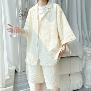 TZ52932/P65西服领短袖衬衣裤子套装男潮夏季肌理感西装领两件套图片