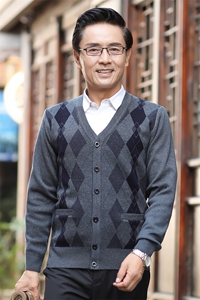 中老年商务休闲V领针织开衫冬季新款加绒加厚保暖毛衣打底衫男装图片