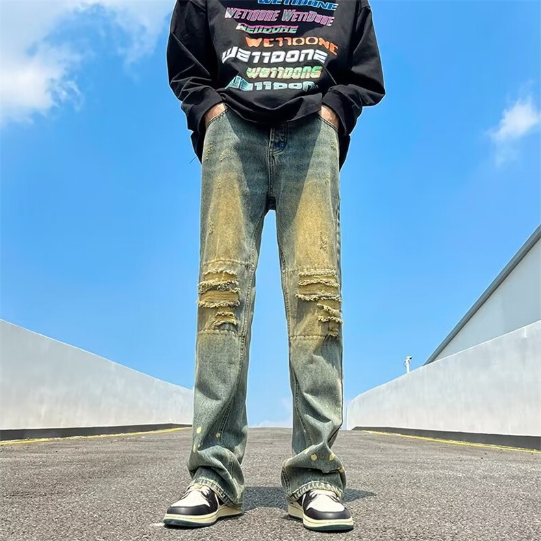高街破洞牛仔裤男韩版染黄泥个性2024冬季新款ins长裤RK1239-P49,男装牛仔裤,星座412-2