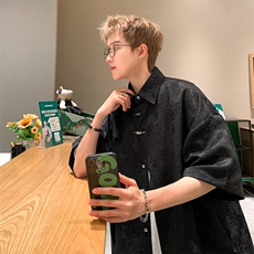 新中式绣花提花短袖衬衫港风休闲T恤，男装衬衫，星座907