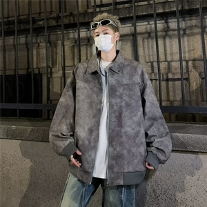 秋季美拉德咖色防水皮夹克男宽松70做旧外套美式上衣女W9309/P70图片