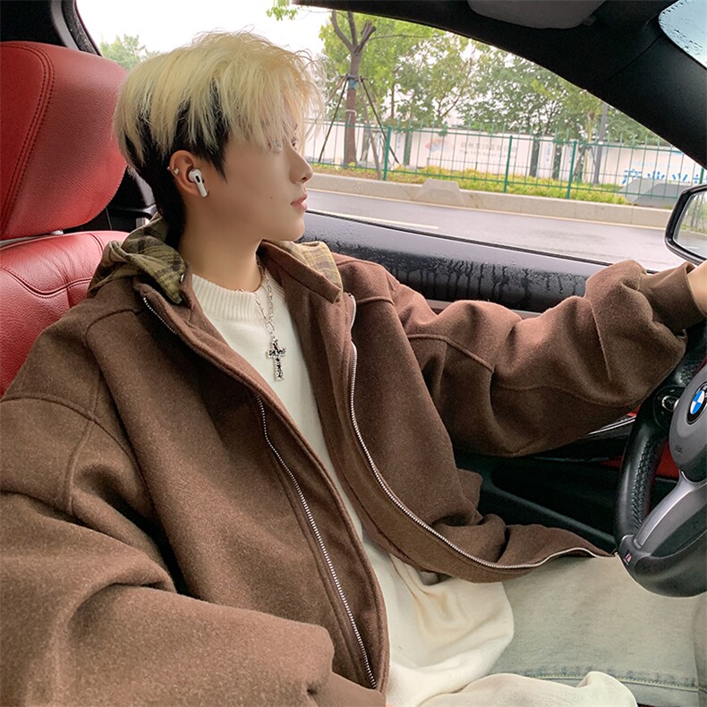 美式复古格子毛呢连帽外套男女秋冬高级感棉衣夹克8896，男装棉衣，星座506