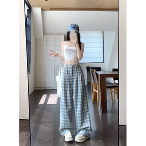 蓝色格子抽绳休闲裤拖地裤女夏季高腰宽松百搭直筒裤长裤 KW72图片