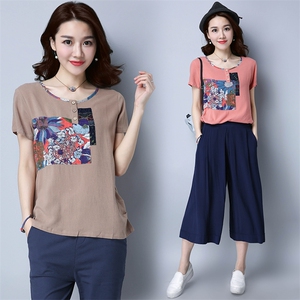 不对称 拼接 纽扣 圆领 植物花卉 麻 T恤 文艺 2021年夏季 短袖 宽松,女装T恤,独衣靓