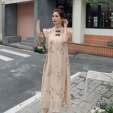 国风水墨画碎花连衣裙女中长款2025夏新款新中式宽松旗袍改良裙子，女装连衣裙，秋水欣儿