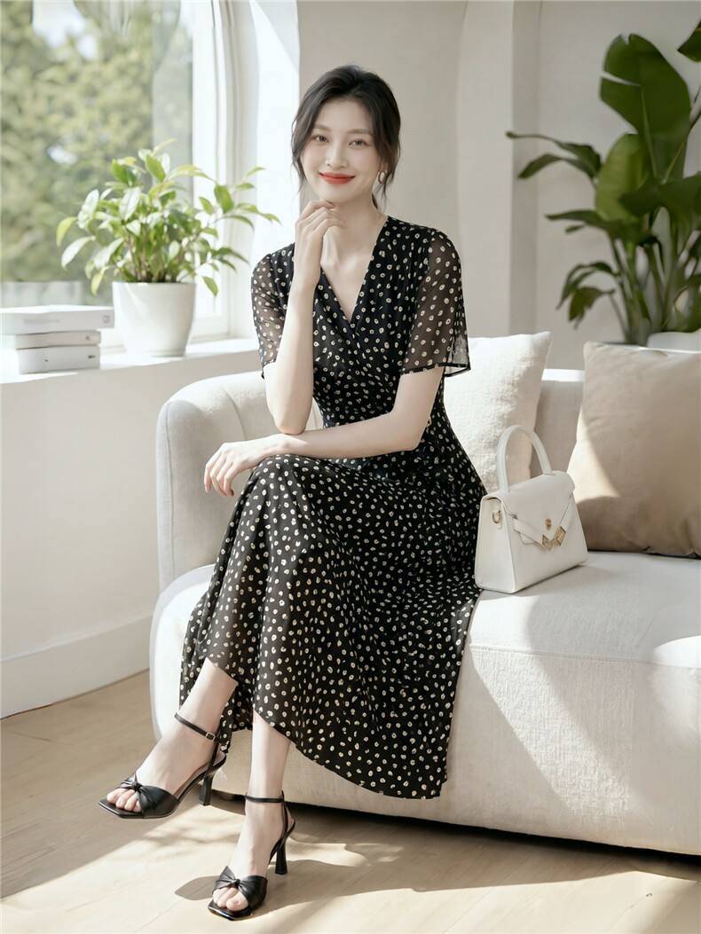 现货薄款优雅收腰时尚大码日常沙滩短袖2026年夏季女士沙滩连衣裙,女装连衣裙,木橙西子