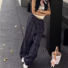 垂感慵懒风格子拖地裤男女2025夏直筒裤宽松阔腿裤复古MKK71P46，男装休闲裤，星座1013-5