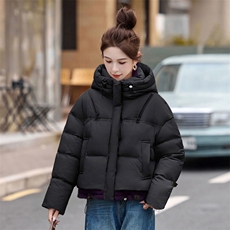 时尚撞色休闲连帽短款羽绒服女冬新款宽松加厚保暖白鸭绒外套，女装羽绒服，韩蔻秀