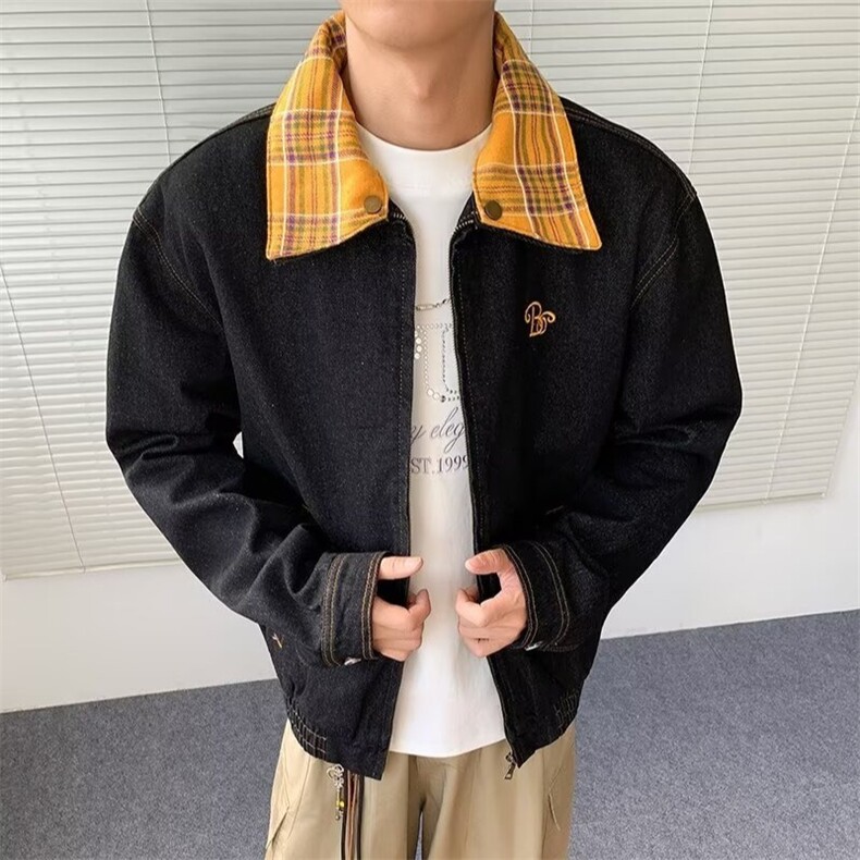 得物品质秋款男牛仔夹克衫刺绣格子领拼接宽松外套JK1041 P85图片