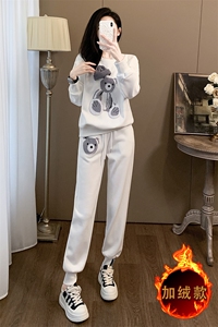 女秋冬卡通小熊加绒圆领卫衣休闲套装图片