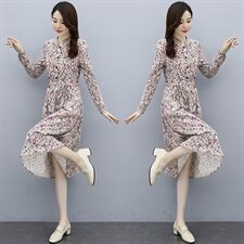 欣贝拉新款长袖碎花连衣裙XBL098优雅显瘦，女装连衣裙，欣贝拉