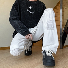 美式vibe裤子男ins潮百搭水洗破洞毛边牛仔裤男N01443-P45，男装牛仔裤，星座308B-1